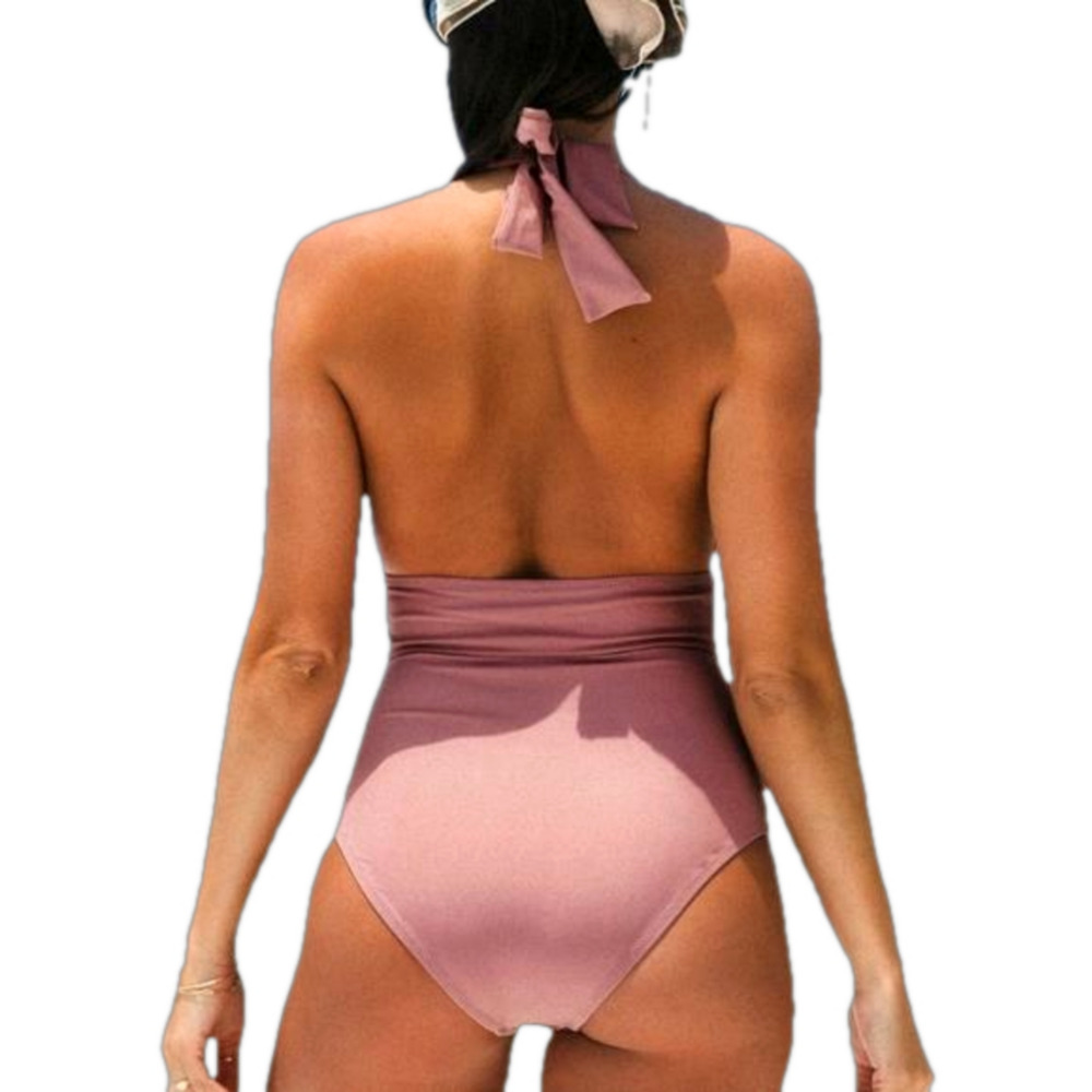 Cupshe Dusty Rose Pink Halter One Piece Swimsuit S Ruched Plunge NWT - Picture 5 of 8